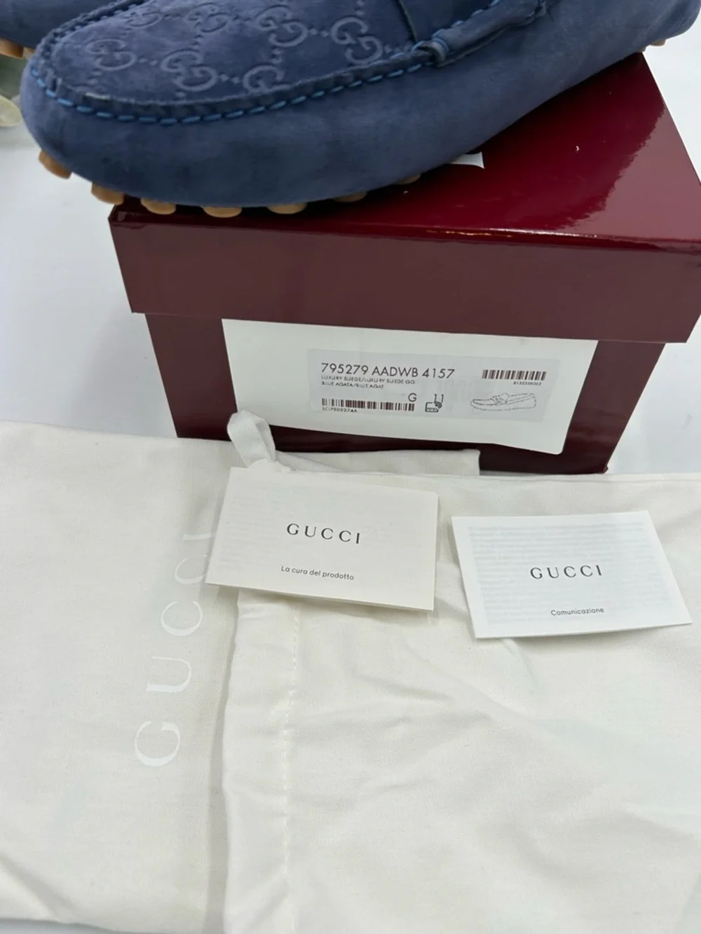 Men's Gucci blue suede GG embossed Driver loafer size 11 fits 11.5 made Italy